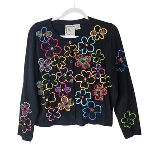VTG Michael Simon Lite Beaded Floral Cotton Cardigan Grandmacore Novelty Small